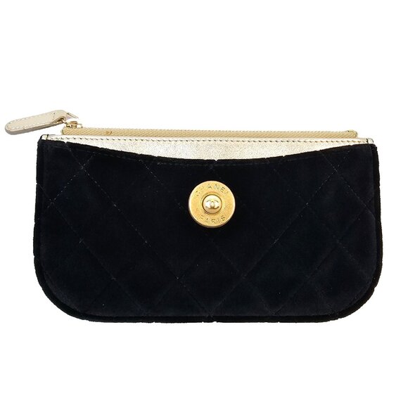 CHANEL Black Velvet Quilted Small CC Zip Pouch Case Clutch Wallet Bag w Card - Picture 3 of 16